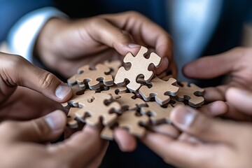 A group of people are holding a puzzle together, with one person holding a piece