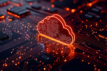 3D render of cloud technology concept with digital circuits and glowing elements, symbolizing data storage and connectivity