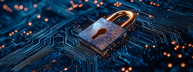 Digital security concept featuring padlock on circuit board, symbolizing protection and technology. glowing elements enhance futuristic feel of cybersecurity