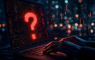 close up of hands typing on laptop keyboard with glowing question mark on screen, symbolizing curiosity and inquiry in digital world