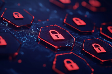 digital background featuring hexagons with red padlock icons, symbolizing cybersecurity and data protection. design conveys sense of security and technology