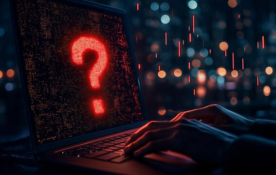 close up of hands typing on laptop keyboard with glowing question mark on screen, symbolizing curiosity and inquiry in digital world