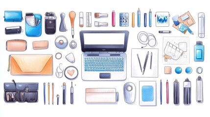 A creative workspace featuring an organized array of office supplies and tools.