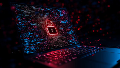 laptop displaying padlock icon on screen symbolizes digital security and protection against cyber threats. vibrant background enhances theme of technology and safety