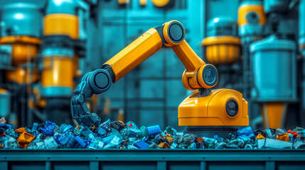 A yellow robotic arm working with a pile of plastic debris. Recycling of waste.