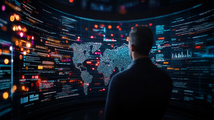 man stands in front of large curved screen displaying digital world map with data visualizations and glowing elements, conveying sense of technology and innovation