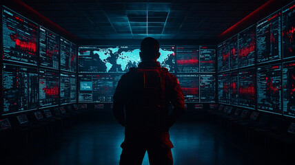 man stands front of large screens displaying futuristic data and maps, creating high tech atmosphere. room is dimly lit with red and blue lights, enhancing sense of advanced technology and