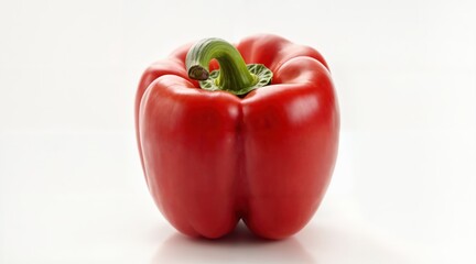 Juicy red bell pepper with a smooth, shiny texture and fresh green stem, captured in a close-up shot against a clean white background, highlighting its natural beauty.	