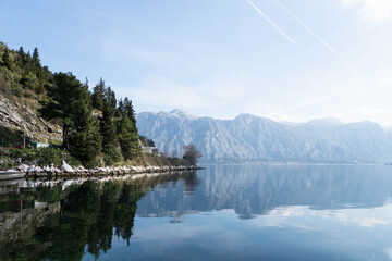 View at Bay of Kotor and mountains from Perast town in winter, Montenegro