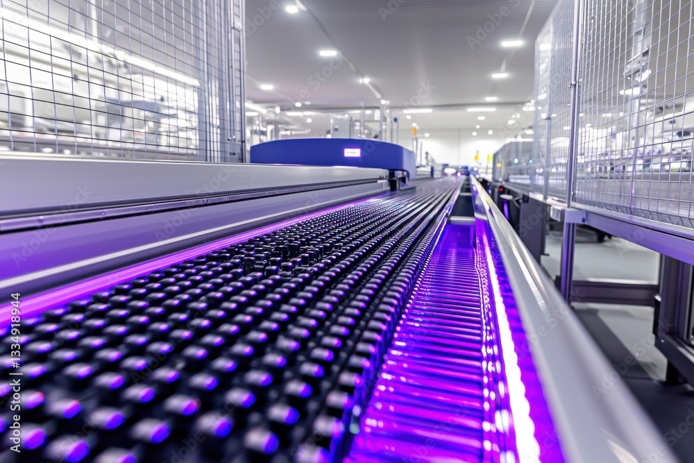 Poster advanced automated conveyor system featuring uv disinfection, showcasing modern industrial processes