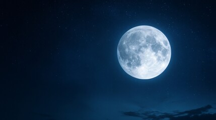 Bright full moon glowing in dark blue sky, serene night scene, perfect for meditation or nocturnal themes.