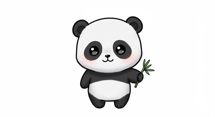 Obraz premium 可愛いパンダ 穏やか微笑む 竹の葉持つ 優しい線画. AI Generated