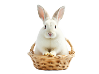 Fluffy white rabbit in woven basket isolated on transparent background. Cheerful bunny portrait for Easter, spring designs, pet projects, and children's content.