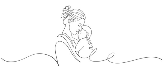 Mother and kids line art style vector illustration, mothers day celebration illustration