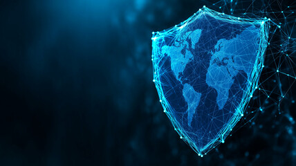 Abstract background featuring blue shield symbol with world map, representing security and protection in digital environment. design conveys sense of safety and connectivity