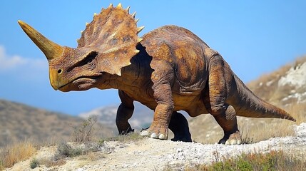 Fototapeta premium A large dinosaur model stands on a grassy hill with blue sky