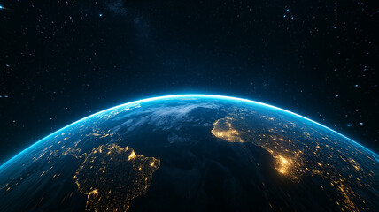 Fototapeta premium stunning view of Earth from space, showcasing illuminated continents and vibrant atmosphere. planet is surrounded by starry backdrop, emphasizing its beauty and uniqueness