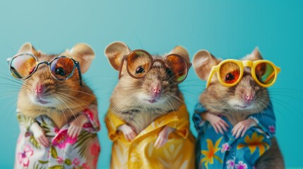 Fototapeta premium Three adorable fancy mice wearing vibrant summer shirts and stylish sunglasses, posing together against a bright turquoise background, ready for a fun vacation
