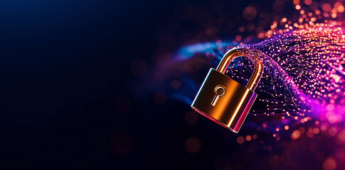 Secure digital lock with vibrant abstract background representing cyber security. colorful lights and patterns evoke sense of protection and technology