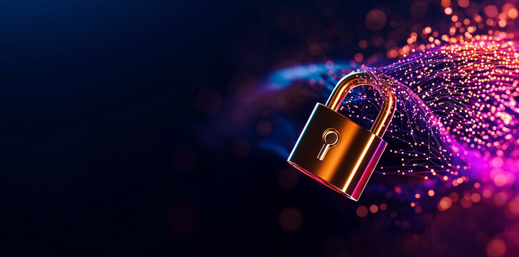 Secure digital lock with vibrant abstract background representing cyber security. colorful lights and patterns evoke sense of protection and technology