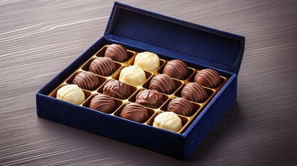 A beautifully arranged box of assorted chocolates featuring dark and white varieties, perfect for gifting or indulging.
