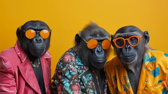 Three chimpanzees in vibrant shirts and sunglasses strike a pose against a solid yellow backdrop in a studio setting, exuding cool and playful vibes