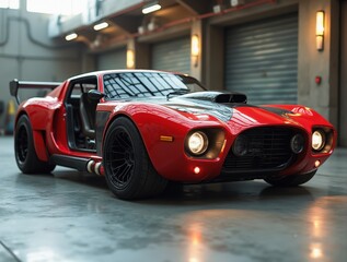 Red futuristic custom-built sports car parked in garage