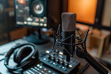 Professional microphone in recording studio with audio mixer, headphones, speaker and computer screen, prepared for broadcast and podcast recording, close up.