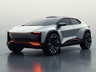 Naklejka premium Futuristic suv reflecting on polished floor in studio setting