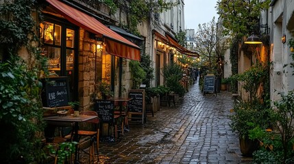 A quaint Parisian caf??A(C) nestled along a cobblestone path.