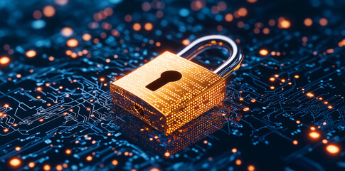 Digital padlock symbolizing data security with glowing circuits and technology. This represents importance of protecting information in digital world