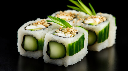 Minimalist White Sushi Roll with Cucumber and Sesame on Black Background