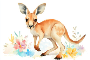 Kangaroo in blooming australian landscape watercolor wildlife close-up