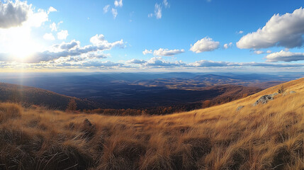 Aerial panorama view of mountains at sunrise, beautiful majestic landscape