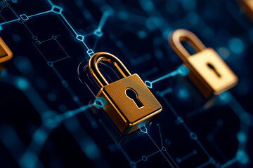 Secure digital locks on futuristic network background, symbolizing cybersecurity and data protection. glowing connections enhance technological feel