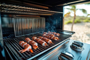 Bacon-wrapped shrimp skewers on a grill, amidst beach vibes, showcasing a culinary fusion of smoky flavors with a tropical backdrop, perfect for a gourmet feast.