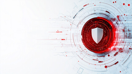Digital shield icon on futuristic background with red accents, symbolizing cybersecurity and protection