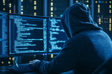 person in hoodie is focused on coding at multiple computer screens in dark room, surrounded by city lights. atmosphere conveys sense of mystery and concentration