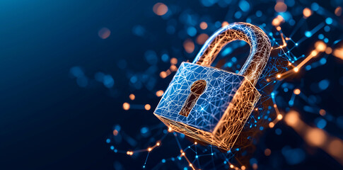 Secure digital lock symbolizing data protection and cybersecurity. lock is designed with network of glowing lines, representing technology and security