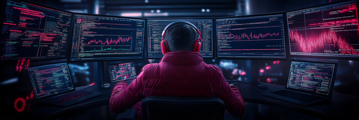 Modern workspace with multiple screens displaying code and data analysis, showcasing focused individual in tech environment. atmosphere is intense and high tech