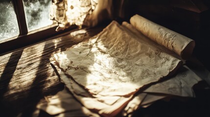 Obraz premium Vintage Papers and Maps on Wooden Surface with Natural Light