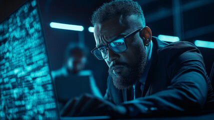 focused Black male engineer wearing glasses works intently on laptop, analyzing data in modern office environment. atmosphere is tech driven and professional