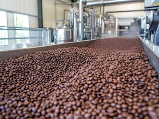 Roasting and processing of freshly roasted coffee beans at a plant