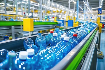 Plastic bottles moving along conveyor belt in a bottling plant, showcasing modern industrial manufacturing and production processes, highlighting efficiency and automation in beverage industry.