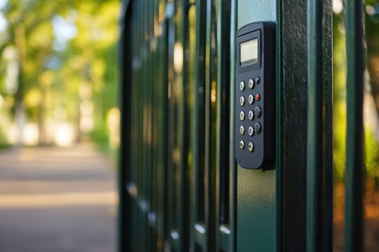 A green iron gate features an intercom system equipped with a video camera microphone for voice communication and a key card reader for access