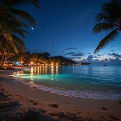 Fototapeta premium Tranquil Beach Resort at Night with Palm Trees and Glowing Water