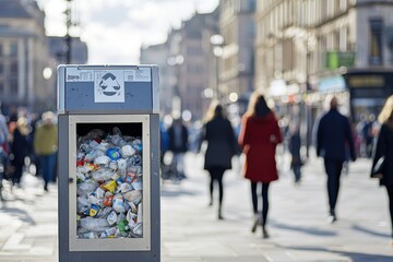 Fototapeta premium A full recycling bin on a busy city street, with blurred people in the background, illustrating urban waste management challenges and environmental sustainability efforts.