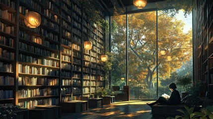 A quiet library with rows of bookshelves, soft lighting, and a person reading a book by the window.