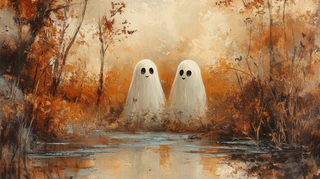 Two friendly white ghosts peacefully standing in a tranquil autumn forest reflecting in the calm water of a small river, painted with oil paint texture