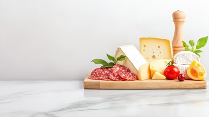 A wooden platter features various cheeses, salami, cherry tomatoes, and fresh herbs, creating an appealing arrangement perfect for a charcuterie board.